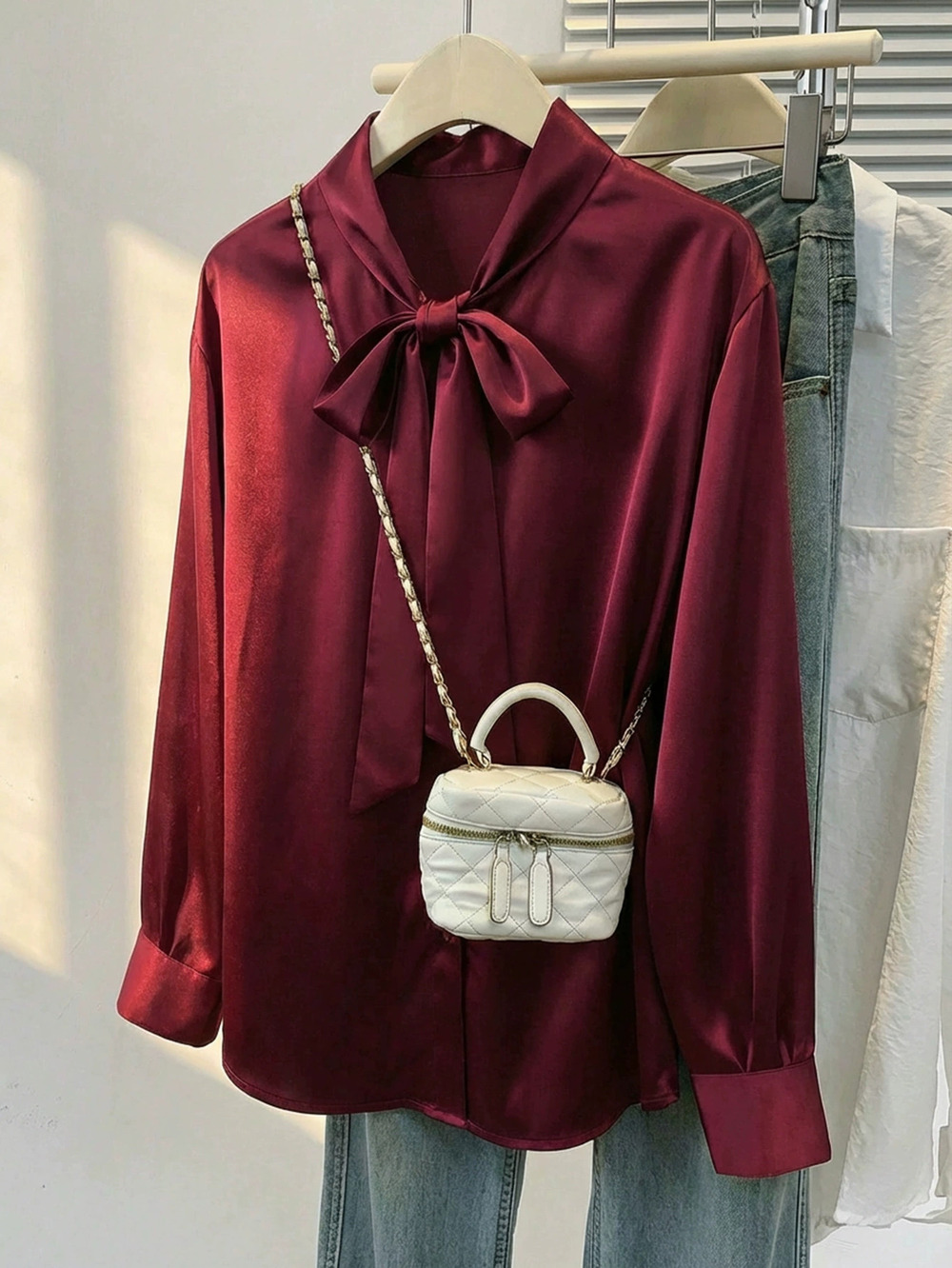 Zara Trending Summer Wine Red Satin Ribbon Blouse